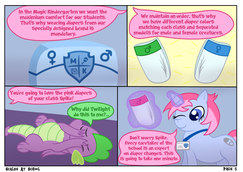 Size: 4960x3508 | Tagged: safe, artist:sweetielover, derpibooru import, spike, oc, dragon, pony, unicorn, comic:scales at school, g4, aura, comic, dialogue, diaper, diaper package, female, high res, horn, image, implied twilight sparkle, indoors, logo, magic, male, one eye closed, png, school, webcomic, wings, wink