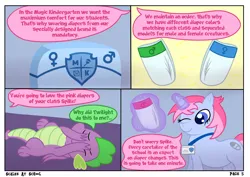 Size: 4960x3508 | Tagged: safe, artist:sweetielover, derpibooru import, spike, oc, dragon, pony, unicorn, comic:scales at school, g4, aura, comic, dialogue, diaper, diaper package, female, high res, horn, image, implied twilight sparkle, indoors, logo, magic, male, one eye closed, png, school, webcomic, wings, wink