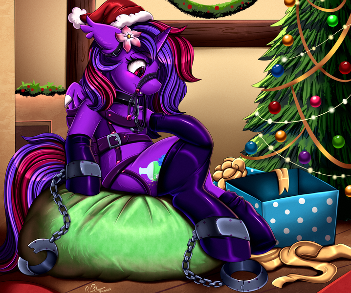 Size: 2592x2167 | Tagged: safe, artist:pridark, derpibooru import, oc, oc:violet rose ze vampony, unofficial characters only, alicorn, bat pony, bat pony alicorn, pony, series:the bridled herd, ankle chain, ankle cuffs, bat wings, bdsm, bit, bondage, bound wings, bridle, collar, cuffs, high res, horn, image, latex, png, solo, story included, tack, wings