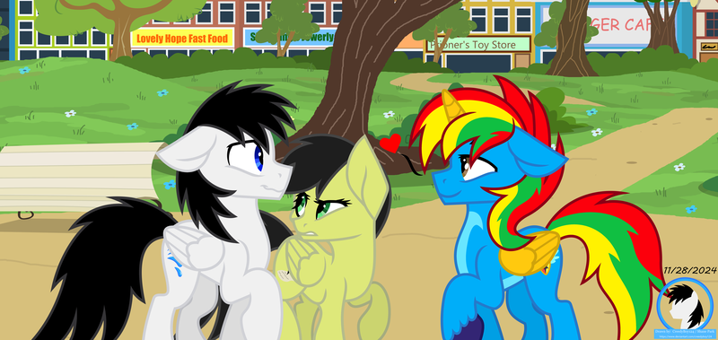 Size: 8877x4210 | Tagged: safe, artist:creedyboy124, derpibooru import, oc, oc:sadie park, oc:shane park, oc:shield wing, unofficial characters only, alicorn, pegasus, pony, alicorn oc, background, female, gay, horn, image, implied gay, looking at each other, looking at someone, male, mare, pegasus oc, png, shipping, stallion, stallion oc, tree, wings