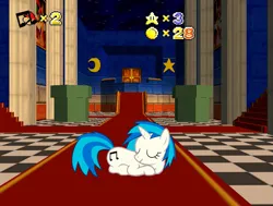 Size: 999x757 | Tagged: safe, artist:husksummers, derpibooru import, editor:someguywithhands132, vinyl scratch, pony, unicorn, g4, 1000 years in photoshop, b3313, bowser, carpet, checkered floor, coin, door, eyes closed, female, game, horn, image, interior, lying down, mare, mario, mario hat, moon, numbers, painting, pillar, pipe, png, smiling, solo, stairs, stars, super mario, super mario 64, super mario bros., video game, video game crossover