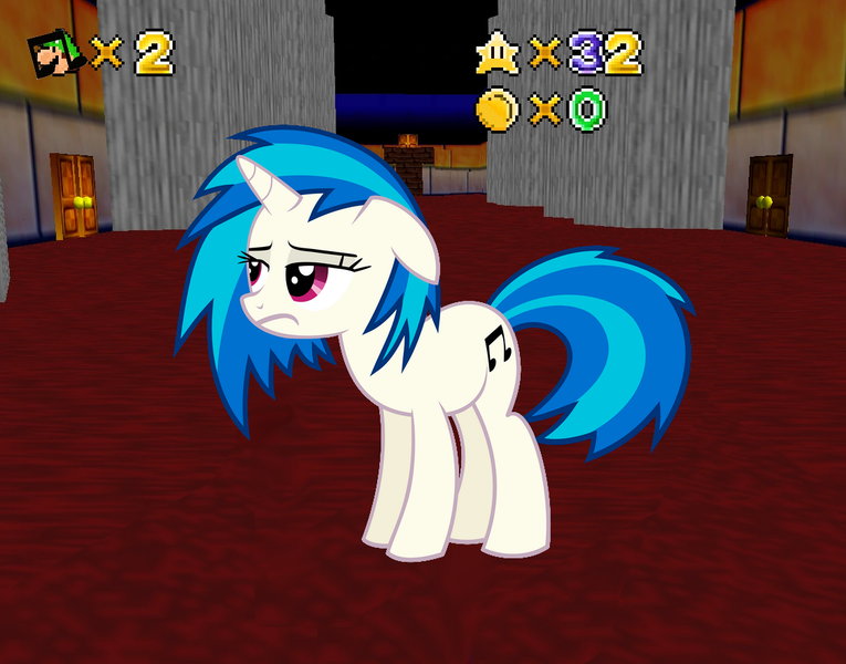 Size: 1128x885 | Tagged: safe, artist:namelesshero2222, derpibooru import, editor:someguywithhands132, vinyl scratch, pony, unicorn, g4, 1000 years in photoshop, b3313, bricks, cap, carpet, coin, door, doorknob, female, frown, game, hat, horn, image, interior, luigi, luigi's hat, mare, numbers, pillar, png, solo, stairs, super mario, super mario 64, super mario bros., video game, video game crossover