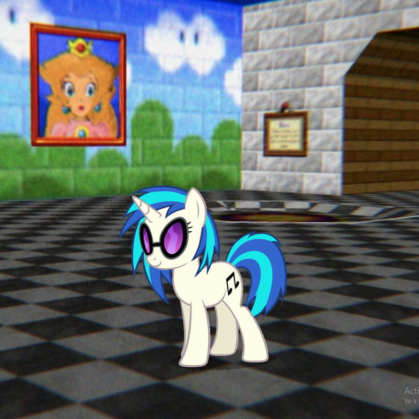 Size: 933x933 | Tagged: safe, artist:mrlolcats17, derpibooru import, editor:someguywithhands132, vinyl scratch, pony, unicorn, g4, 1000 years in photoshop, b3313, bricks, carpet, checkered floor, coin, crown, female, frown, game, horn, image, interior, jewelry, mare, numbers, painting, pillar, png, princess peach, regalia, sign, smiling, solo, super mario, super mario 64, super mario bros., video game, video game crossover, vinyl's glasses