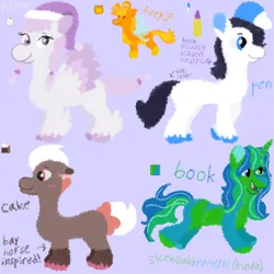 Size: 2048x2048 | Tagged: safe, artist:mintwhistle, derpibooru import, ponified, breezie, earth pony, pegasus, pony, unicorn, baseball cap, battle for dream island, blushing, book (battle for dream island), bow, cake (battle for dream island), cap, coat markings, colored hooves, colored wings, crossover, dot eyes, female, firey jr., flying, group, hairband, hat, heterochromia, hidden horn, hooves, horn, image, krita, lavender background, male, mare, multicolored coat, multicolored hair, multicolored wings, nightcap, open mouth, open smile, pale belly, pen (battle for dream island), pillow (battle for dream island), png, purple background, quintet, simple background, smiling, socks (coat marking), spread wings, stallion, tail, tail bow, unshorn fetlocks, wings