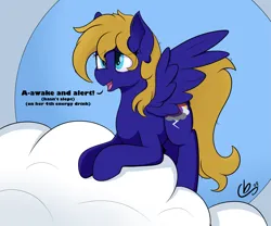 Size: 2585x2146 | Tagged: safe, artist:cloudybirb, derpibooru import, oc, oc:cloud quake, unofficial characters only, pegasus, pony, cloud, image, on a cloud, pegasus oc, png, solo, speech, spread wings, talking, text, tired, wings