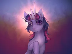 Size: 4444x3333 | Tagged: semi-grimdark, artist:mammalian_alien, derpibooru import, twilight sparkle, twilight sparkle (alicorn), alicorn, pony, g4, absurd resolution, body horror, creepy cute, horn, image, infected, infection au, multiple horns, mutant, mutation, nightmare fuel, painted background, png, raised hoof, solo, thick horn