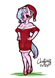 Size: 992x1403 | Tagged: safe, artist:chiefywiffy, derpibooru import, oc, oc:chiefy, anthro, pony, unicorn, anthro oc, christmas, clothes, dress, ear piercing, earring, female, hat, high heels, holiday, horn, image, jewelry, mare, piercing, png, santa hat, shoes, simple background, solo, white background