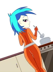 Size: 1768x2371 | Tagged: safe, artist:yaya54320bases, derpibooru import, vinyl scratch, human, equestria girls, g4, ass, base used, breasts, busty vinyl scratch, butt, cooking, image, latex, latex suit, looking back, png, solo, totally spies