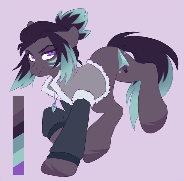 Size: 2048x2014 | Tagged: safe, artist:cheekipone, ponerpics import, oc, oc:pine bristle, unofficial characters only, earth pony, pony, color palette, earth pony oc, eyebrows visible through hair, facial markings, female, floppy ears, image, jewelry, landing, mare, necklace, parka, png, pose, purple background, purple eyes, reference sheet, simple background, smiling, solo, two toned mane, two toned tail, unshorn fetlocks