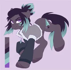 Size: 2048x2014 | Tagged: safe, artist:cheekipone, ponerpics import, oc, oc:pine bristle, unofficial characters only, earth pony, pony, color palette, earth pony oc, eyebrows visible through hair, facial markings, female, floppy ears, image, jewelry, landing, mare, necklace, parka, png, pose, purple background, purple eyes, reference sheet, simple background, smiling, solo, two toned mane, two toned tail, unshorn fetlocks