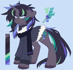 Size: 2048x1988 | Tagged: safe, artist:cheekipone, ponerpics import, oc, oc:juniper howl, unofficial characters only, pony, unicorn, blue background, clothes, color palette, cutie mark, eye clipping through hair, eyebrows visible through hair, eyeshadow, female, floppy ears, highlights, horn, image, makeup, mare, parka, png, reference sheet, scarf, simple background, solo, standing, unicorn horn, unicorn oc, unshorn fetlocks