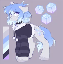 Size: 2020x2048 | Tagged: safe, artist:cheekipone, ponerpics import, oc, oc:mellow chill, unofficial characters only, earth pony, pony, choker, color palette, cutie mark, earth pony oc, eye clipping through hair, eyebrows, female, floppy ears, freckles, gray background, image, mare, nervous, parka, png, purple eyes, reference sheet, simple background, snow, snowflake, solo, standing, unshorn fetlocks