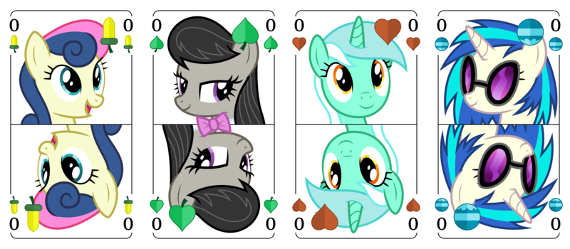 Size: 3200x1400 | Tagged: safe, artist:parclytaxel, derpibooru import, bon bon, lyra heartstrings, octavia melody, sweetie drops, vinyl scratch, earth pony, pony, unicorn, series:parcly's pony pattern playing cards, g4, acorn, bell, bust, female, german, heart, horn, image, leaf, lidded eyes, looking at you, mare, open mouth, open smile, playing card, png, portrait, rotational symmetry, smiling