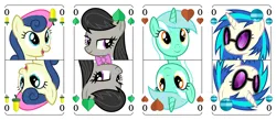 Size: 3200x1400 | Tagged: safe, artist:parclytaxel, derpibooru import, bon bon, lyra heartstrings, octavia melody, sweetie drops, vinyl scratch, earth pony, pony, unicorn, series:parcly's pony pattern playing cards, g4, acorn, bell, bust, female, german, heart, horn, image, leaf, lidded eyes, looking at you, mare, open mouth, open smile, playing card, png, portrait, rotational symmetry, smiling