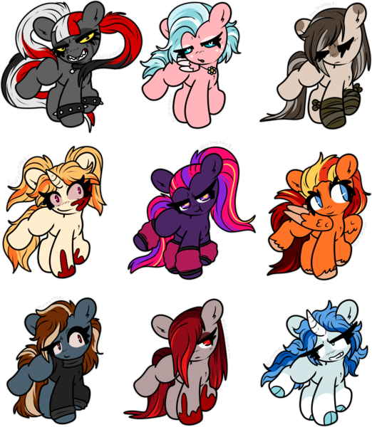 Size: 2612x3005 | Tagged: safe, artist:sexygoatgod, derpibooru import, oc, oc:attic window, oc:blazing flight, oc:burning heart, oc:dewdrop love, oc:hoof warrmers, oc:ice hoof, oc:punk kick, oc:ruby light, oc:ticking time, unofficial characters only, earth pony, pegasus, unicorn, adoptable, blood, chibi, clothes, female, group, horn, image, pigtails, png, sweater, turtleneck