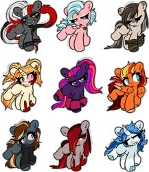 Size: 2612x3005 | Tagged: safe, artist:sexygoatgod, derpibooru import, oc, oc:attic window, oc:blazing flight, oc:burning heart, oc:dewdrop love, oc:hoof warrmers, oc:ice hoof, oc:punk kick, oc:ruby light, oc:ticking time, unofficial characters only, earth pony, pegasus, unicorn, adoptable, blood, chibi, clothes, female, group, horn, image, pigtails, png, sweater, turtleneck