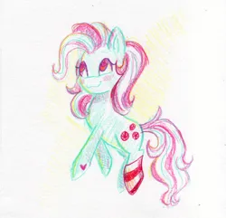 Size: 2348x2265 | Tagged: safe, artist:equmoria, derpibooru import, minty, g3, candy, clothes, colored pencil drawing, food, full body, image, jpeg, sock, socks, solo, that pony sure does love socks, traditional art