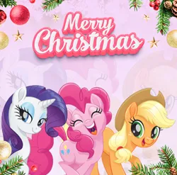 Size: 2744x2706 | Tagged: safe, artist:saltyvity, derpibooru import, edit, applejack, pinkie pie, rarity, earth pony, pony, unicorn, g4, 2025, blue eyes, christmas, christmas ornament, christmas tree, decoration, gradient background, green eyes, happy, happy new year, holiday, horn, image, jpeg, looking at you, merry christmas, pink background, pink hair, purple hair, simple background, smiling, smiling at you, snow, solo, stars, tree, yellow hair