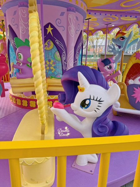 Size: 4284x5712 | Tagged: safe, derpibooru import, official, fluttershy, pinkie pie, rainbow dash, rarity, spike, twilight sparkle, twilight sparkle (alicorn), alicorn, dragon, pony, g4, carousel, carriage, image, irl, jpeg, mirror, outdoors, photo, stained glass, statue, waving