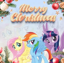 Size: 2744x2706 | Tagged: safe, artist:saltyvity, derpibooru import, edit, fluttershy, rainbow dash, twilight sparkle, twilight sparkle (alicorn), alicorn, pegasus, pony, g4, 2025, blue background, blue mane, christmas, christmas ornament, christmas tree, decoration, gradient background, green eyes, happy new year, holiday, image, jpeg, looking at you, merry christmas, multicolored hair, pink eyes, pink hair, purple eyes, rainbow hair, simple background, smiling, smiling at you, snow, solo, stars, tree