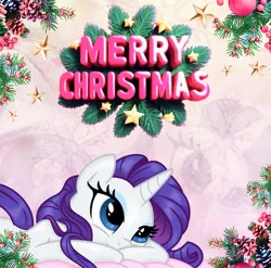 Size: 2744x2706 | Tagged: safe, artist:saltyvity, derpibooru import, edit, rarity, pony, unicorn, g4, 2025, blue eyes, christmas, christmas ornament, christmas tree, decoration, gradient background, happy new year, holiday, horn, image, jpeg, makeup, merry christmas, pink background, purple hair, simple background, smiling, snow, solo, stars, tree