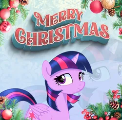 Size: 2744x2706 | Tagged: safe, artist:saltyvity, derpibooru import, edit, twilight sparkle, twilight sparkle (alicorn), alicorn, pony, g4, 2025, blue background, blue hair, christmas, christmas ornament, christmas tree, decoration, gradient background, happy new year, holiday, image, jpeg, looking at you, merry christmas, purple eyes, simple background, smiling, smiling at you, snow, solo, tree