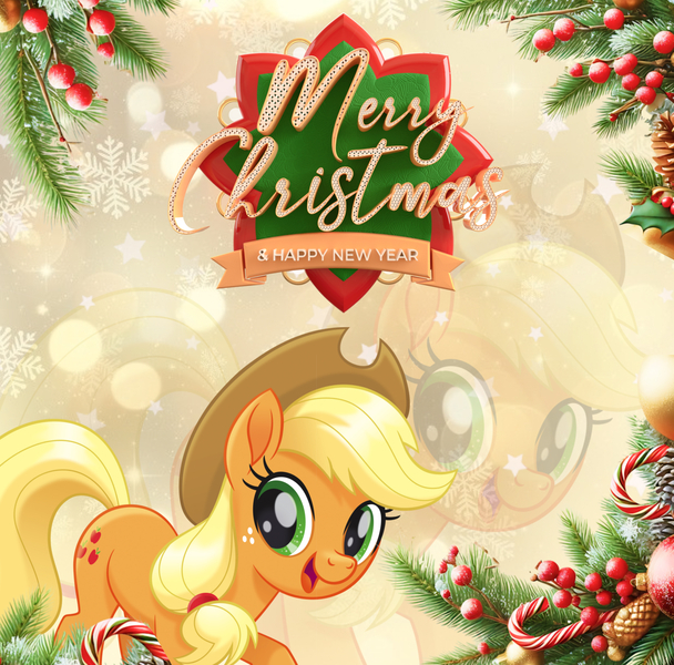 Size: 2744x2706 | Tagged: safe, artist:saltyvity, derpibooru import, edit, applejack, earth pony, pony, g4, 2025, candy, christmas, christmas ornament, christmas tree, decoration, food, gradient background, green eyes, happy, happy new year, holiday, image, jpeg, looking at you, merry christmas, simple background, smiling, smiling at you, snow, solo, tree, yellow background, yellow hair