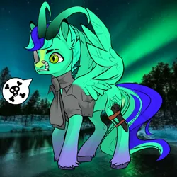 Size: 1024x1024 | Tagged: oc name needed, safe, artist:princess ice color twinkle, derpibooru import, oc, pegasus, pony, angry, avatar maker fantasy pony, chat bubble, cloth, foot accessory, green skin, gritted teeth, image, male, nature background, png, spread wings, stallion, teeth, two toned mane, wen cutie mark, wings