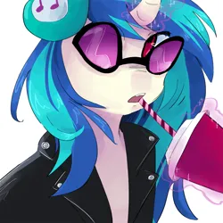 Size: 2000x2000 | Tagged: safe, artist:dmitrymemovznok, derpibooru import, vinyl scratch, pony, unicorn, g4, bust, clothes, cup, drinking straw, female, glasses off, headphones, high res, horn, image, jacket, leather, leather jacket, levitation, magic, mare, png, simple background, sitting, solo, telekinesis, white background