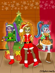 Size: 1536x2048 | Tagged: safe, artist:wvdr220dr, derpibooru import, adagio dazzle, aria blaze, sonata dusk, deer, elf, equestria girls, cartoon, christmas, clothes, costume, holiday, image, png, present, the dazzlings