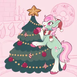 Size: 1824x1834 | Tagged: safe, artist:beyhr, derpibooru import, minty, earth pony, pony, g3, butt, christmas, christmas tree, clothes, colored hooves, fireplace, hat, holiday, hooves, image, ornaments, pink mane, pink tail, plot, png, santa hat, scarf, smiling, socks, solo, stockings, tail, thigh highs, tree, unshorn fetlocks, wreath