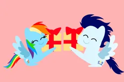 Size: 1935x1285 | Tagged: safe, anonymous artist, derpibooru import, rainbow dash, soarin', pegasus, pony, series:soarindash hearth's warming, series:soarindash romantic tales, g4, derpibooru exclusive, female, image, male, mare, png, pointy ponies, present, shipping, sitting, smiling, soarindash, stallion, straight