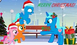 Size: 4534x2671 | Tagged: safe, artist:memeartboi, derpibooru import, ponified, earth pony, pegasus, pony, unicorn, g4, anais watterson, brother and sister, brothers, christmas, christmas lights, christmas presents, christmas tree, clothes, colt, cute, daisy the donkey, darwin watterson, eyes open, female, filly, flying, foal, gift giving, gift wrapped, grin, group, gumball watterson, happy, hat, heart, hearth's warming, heartwarming, holding, holding a gift, holding a present, holiday, horn, image, jpeg, little sister, male, mare, merry christmas, mistletoe, mother, mother and child, mother and daughter, mother and son, motherly, nicole watterson, open mouth, outdoors, pegasus wings, present, quartet, santa hat, siblings, smiling, snow, socks, spread wings, standing, teeth, the amazing world of gumball, tree, unicorn horn, wings, winter