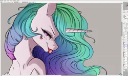 Size: 2215x1328 | Tagged: safe, artist:miokomata, derpibooru import, princess celestia, alicorn, pony, g4, bust, female, image, jpeg, lidded eyes, looking at you, mare, screenshots, solo, tongue out, wip