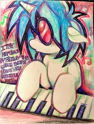 Size: 2795x3686 | Tagged: safe, artist:snailhierachy, derpibooru import, vinyl scratch, pony, unicorn, g4, bust, colored pencil drawing, female, floppy ears, fred figglehorn, horn, image, jpeg, keyboard, mare, musical instrument, playing, solo, traditional art