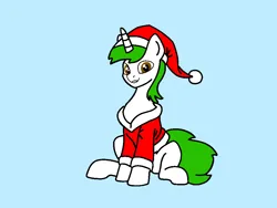 Size: 960x720 | Tagged: safe, artist:lonstecation, derpibooru import, oc, oc:lonstecation, unofficial characters only, pony, unicorn, g4, blue background, christmas, christmas costume, clothes, costume, hat, hearth's warming, hearth's warming eve, holiday, horn, image, male, merry christmas, png, santa costume, simple background, sitting, solo, stallion