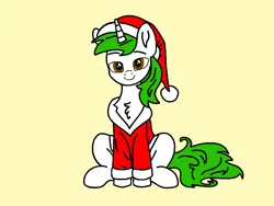 Size: 960x720 | Tagged: safe, artist:lonstecation, derpibooru import, oc, oc:lonstecation, unofficial characters only, pony, unicorn, g4, christmas, christmas costume, clothes, costume, hat, hearth's warming, hearth's warming eve, holiday, horn, image, male, merry christmas, png, santa costume, simple background, sitting, solo, stallion, yellow background