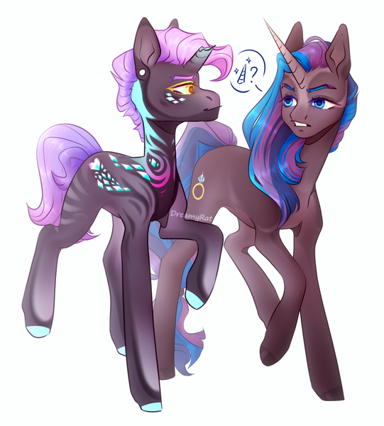 Size: 3342x3708 | Tagged: safe, artist:dreamyrat, derpibooru import, oc, unofficial characters only, pony, unicorn, blue eyes, blue mane, broken horn, butt, dialogue, duo, duo male, ear piercing, gem, high res, horn, image, looking at each other, looking at someone, male, male oc, males only, open mouth, piercing, pink mane, plot, png, purple mane, simple background, stallion, stallion oc, two toned mane, unicorn oc, white background, yellow eyes