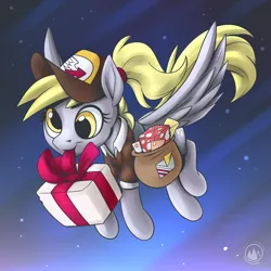 Size: 3070x3070 | Tagged: safe, artist:mysticalpha, derpibooru import, derpy hooves, pegasus, pony, g4, alternate hairstyle, bag, cap, christmas, female, flying, hat, high res, holiday, image, mailbag, mailmare, mare, mouth hold, png, ponytail, present, solo, spread wings, wings