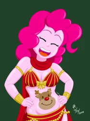 Size: 2048x2732 | Tagged: safe, artist:mayorlight, derpibooru import, pinkie pie, human, equestria girls, g4, armlet, belly, belly button, belly dancer, belly dancer outfit, belly jewel, bodypaint, bow, bracer, breasts, christmas, cleavage, digital art, eyes closed, green background, holiday, image, jewelry, jpeg, open mouth, open smile, plump, rudolph the red nosed reindeer, simple background, singing belly dancing rainbooms, smiling, veil