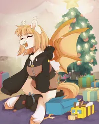 Size: 2000x2500 | Tagged: safe, artist:lionbun, derpibooru import, oc, oc:honey milk, bat pony, bee, insect, pony, bat pony oc, bat wings, christmas, christmas tree, clothes, commission, female, happy, holiday, hoodie, image, mare, minecraft, minecraft bee, png, present, tree, wings