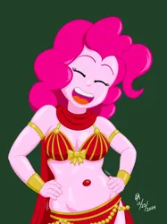 Size: 2048x2732 | Tagged: safe, artist:mayorlight, derpibooru import, edit, pinkie pie, human, equestria girls, g4, armlet, belly, belly button, belly dancer, belly dancer outfit, belly jewel, bow, bracer, breasts, christmas, cleavage, digital art, eyes closed, green background, holiday, image, jewelry, jpeg, open mouth, open smile, plump, simple background, singing belly dancing rainbooms, smiling, veil