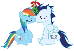 Size: 750x517 | Tagged: safe, artist:soarindasher10, derpibooru import, rainbow dash, soarin', pegasus, pony, g4, female, image, kiss on the lips, kissing, male, mare, mistletoe, png, shipping, simple background, soarindash, stallion, straight, transparent background