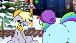 Size: 1126x638 | Tagged: safe, artist:tamers12345, derpibooru import, derpy hooves, rainbow dash, pegasus, pony, g4, butt, christmas, city, clothes, female, hearth's warming, holiday, image, looking at someone, looking down, manehattan, mare, my little pony the movie: hearth's warming in manehattan, night, open mouth, outdoors, png, railroad, sad, sad pony, scarf, sitting, snow, teary eyes, tree