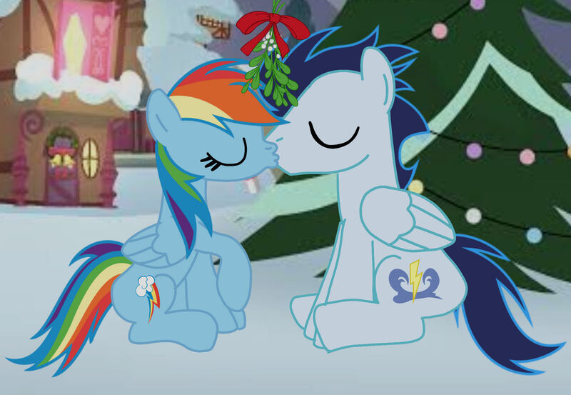 Size: 1280x884 | Tagged: safe, artist:soarindasher10, derpibooru import, rainbow dash, soarin', pegasus, pony, g4, christmas, christmas tree, female, holiday, image, jpeg, kiss on the lips, kissing, male, mare, mistletoe, shipping, soarindash, stallion, straight, tree