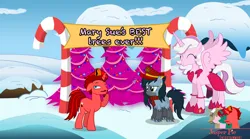 Size: 1024x568 | Tagged: safe, artist:jasperpie, derpibooru import, oc, oc:jasper pie, oc:mad munchkin, oc:mary sue, christmas, christmas tree, clothes, cute, dress, fez, hat, holiday, image, jpeg, mad munchkin is not amused, mad munchkin's hat, ocbetes, snow, that pony sure does love pink, tree, unamused