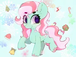 Size: 4000x3000 | Tagged: safe, artist:zokkili, derpibooru import, minty, earth pony, pony, g3, abstract background, bell, candy, candy cane, christmas, christmas tree, ear fluff, eye clipping through hair, eyebrows, eyebrows visible through hair, female, food, hat, holiday, image, jpeg, present, raised hoof, raised leg, santa hat, smiling, snow, snowflake, snowman, solo, standing on two hooves, tree, unshorn fetlocks