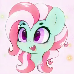 Size: 3000x3000 | Tagged: safe, artist:zokkili, derpibooru import, minty, earth pony, pony, g3, bust, female, image, jpeg, open mouth, open smile, pink background, portrait, simple background, smiling, snow, snowflake, solo