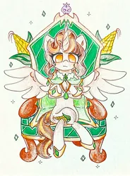 Size: 1932x2632 | Tagged: safe, artist:肝到驾崩, derpibooru import, oc, alicorn, anatomically incorrect, corn, crossed legs, food, image, incorrect leg anatomy, jpeg, ponies sitting like humans, seat, sitting, traditional art