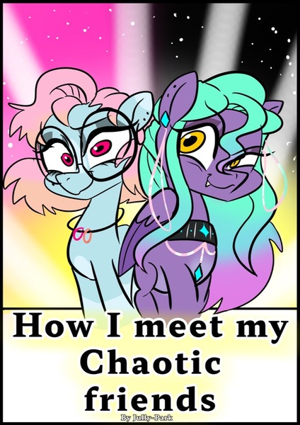 Size: 723x1023 | Tagged: safe, artist:jully-park, derpibooru import, oc, oc:charlotte parker, oc:ella evans, unofficial characters only, earth pony, pegasus, pony, comic:how i meet my chaotic friends, comic cover, cover, cover art, image, jpeg